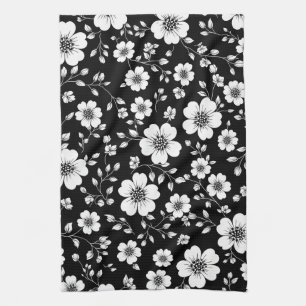 Svart Vitt Vintage Blommigt Sömlöst Mönster (1) Kökshandduk