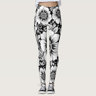 Svart Vitt Vintage Blommigt Sömlöst Mönster (2) Leggings