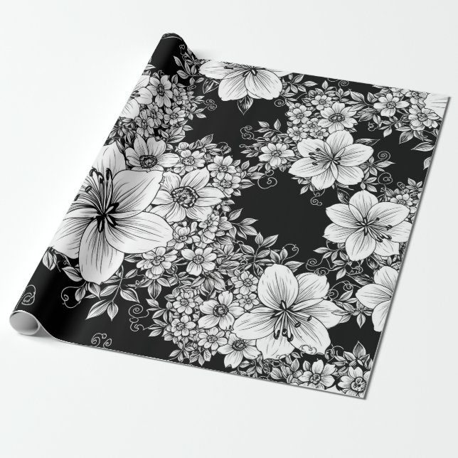 Svart Vitt Vintage Blommigt Sömlöst Mönster (3) Presentpapper (Utrullad)