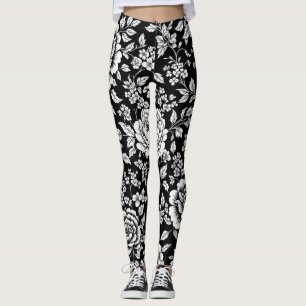 Svart Vitt Vintage Blommigt Sömlöst Mönster (5) Leggings