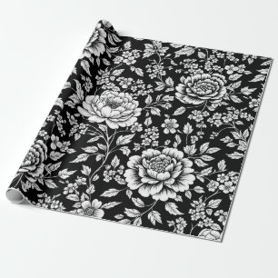 Svart Vitt Vintage Blommigt Sömlöst Mönster (5) Presentpapper
