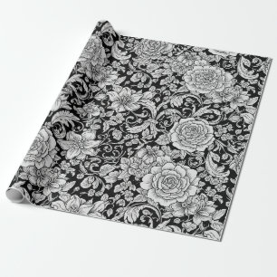 Svart Vitt Vintage Blommigt Sömlöst Mönster (6) Presentpapper