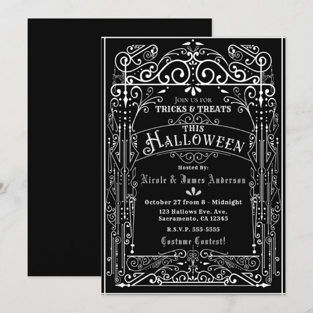 Svart & Vitt Vintage Viktoriansk Deco Halloween Inbjudningar (Fram/baksida)
