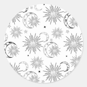 Svart & Vitt Whimsical Sol Celestiala Födelsedag Runt Klistermärke