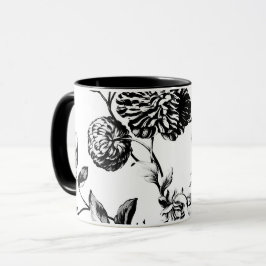Svart- & vitvintage botaniska blom- Toile Mugg