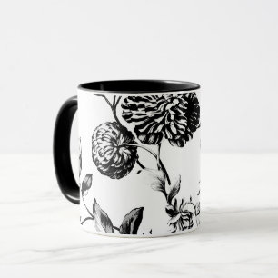 Svart- & vitvintage botaniska blom- Toile Mugg
