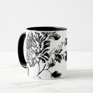 Svart- & vitvintage botaniska blom- Toile Mugg