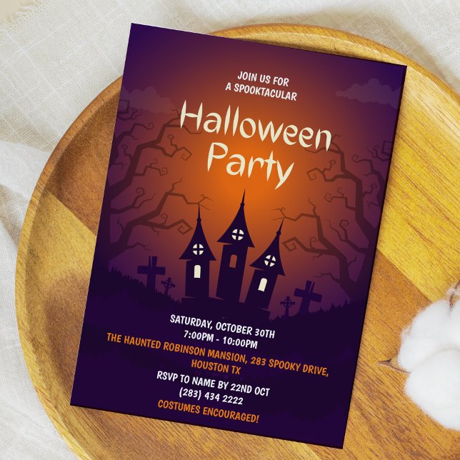 Svart Vuxen Halloween fest i Orange Inbjudningar (Haunted House Orange Black Adult Halloween Party Invitation  )