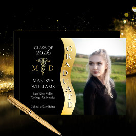 Svart |Wave Caduceus MD Medical Grad Guld Student Meddelande