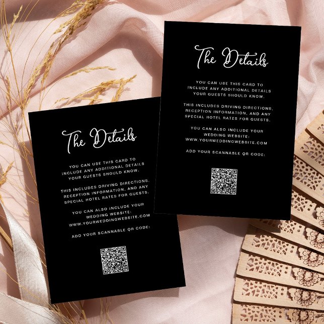 Svart Whimsical Bröllop Guest Details QR-kod Tilläggskort (A simple, dark black wedding details card with QR code)
