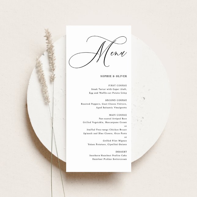 Svart Whimsical Kalligrafi Bröllop Meny (Featuring the beautiful Whimsical Calligraphy Wedding Menu Card.)