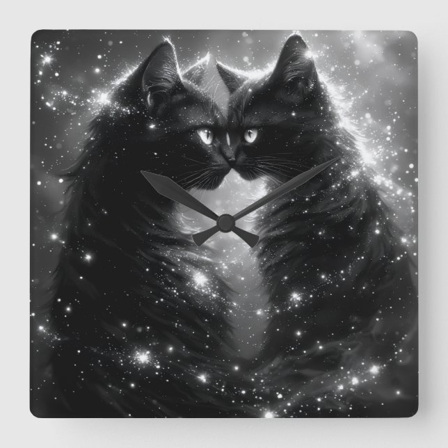 Svart Whimsical Kattklocka Fyrkantig Klocka (Framsida)