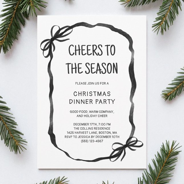 Svart Whimsique-Hand plockade-julmiddag Party Inbjudningar (Black Whimsical Hand Drawn Christmas Dinner Party Invitation)