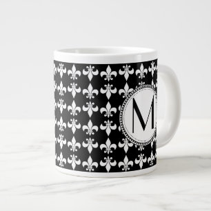 Svart  White Fleur de Lis Monogram Mönster Jumbo Mugg