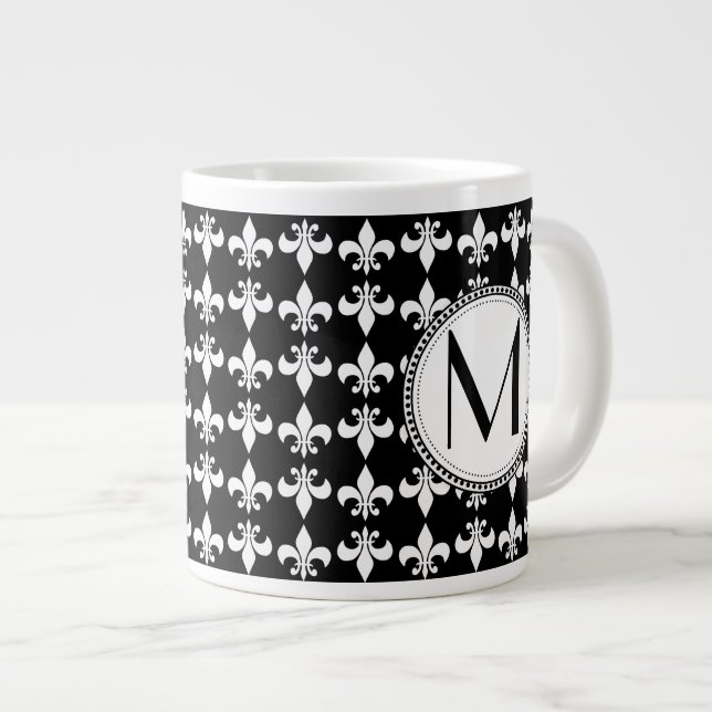 Svart | White Fleur de Lis Monogram Mönster Jumbo Mugg (Framsida höger)