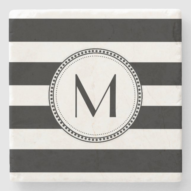 Svart | White Rand Mönster Monogram Underlägg Sten (Framsidan)