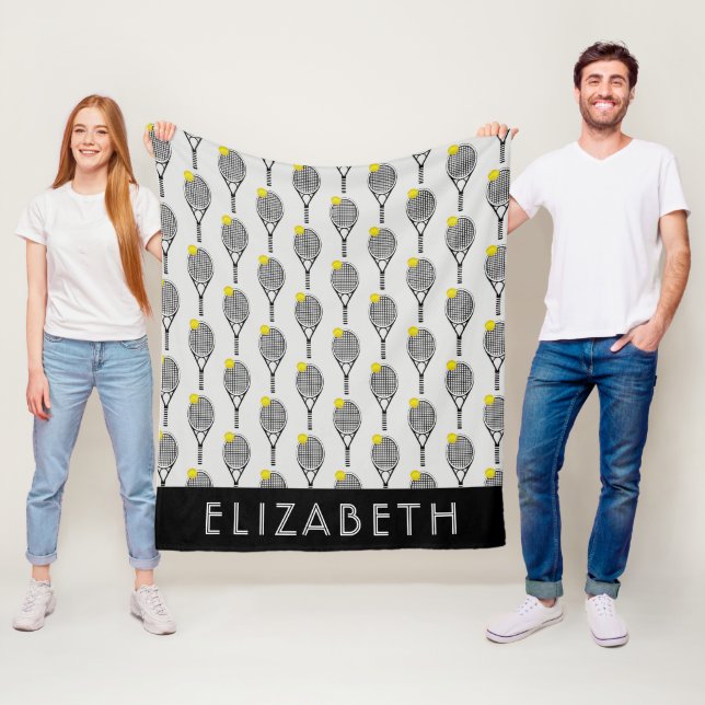 Svart| White Tennis Personlig Namn eller Monogram Fleecefilt (På plats)