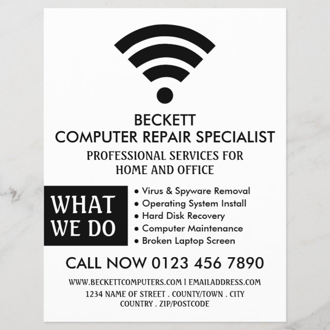 Svart Wi-Fi-Logotyp, Computer Repair Specialist Reklamblad (Framsidan)