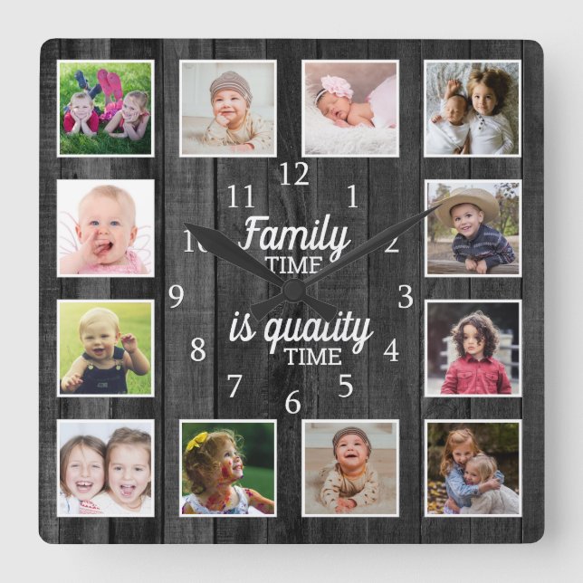 Svart Wood 12 Photo Template Family Time Quote Fyrkantig Klocka (Framsida)