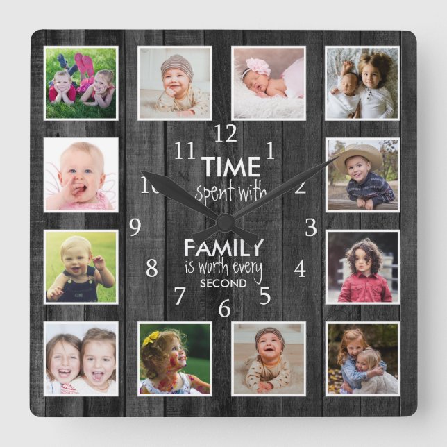 Svart Wood 12 Photo Template Time Family Quote Fyrkantig Klocka (Framsida)
