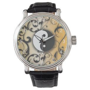 Svart Yin & Yang på Bronze bakgrund Armbandsur