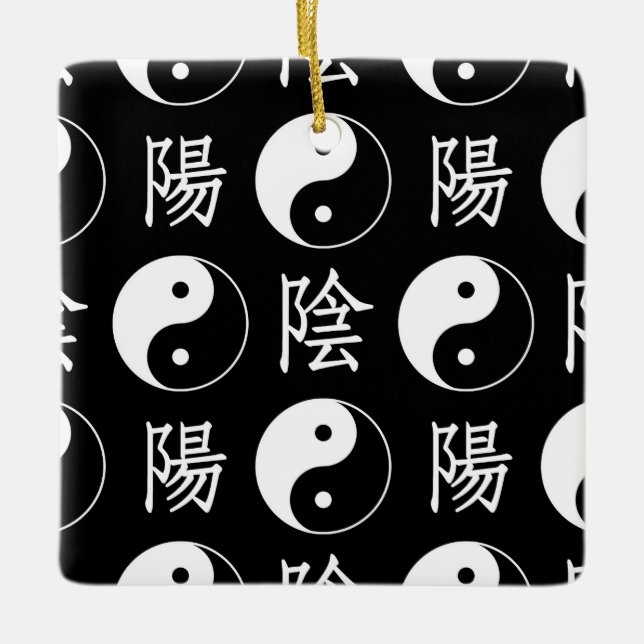 Svart Yinyang-symbol Kinesisk textmönster Julgransprydnad Keramik (Framsida)