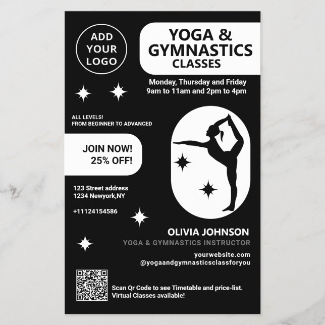 Svart yogalärare & gymnastikinstruktör studio-klas flygblad (Framsidan)