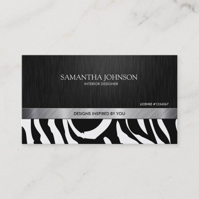 Svart yrkesmässig elegant & silverzebra ränder visitkort (Framsida)