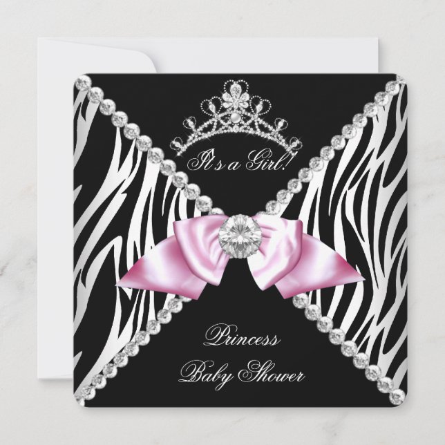 Svart Zebra Rosa Rosett Prinsessa Baby Shower Inbjudningar (Framsida)