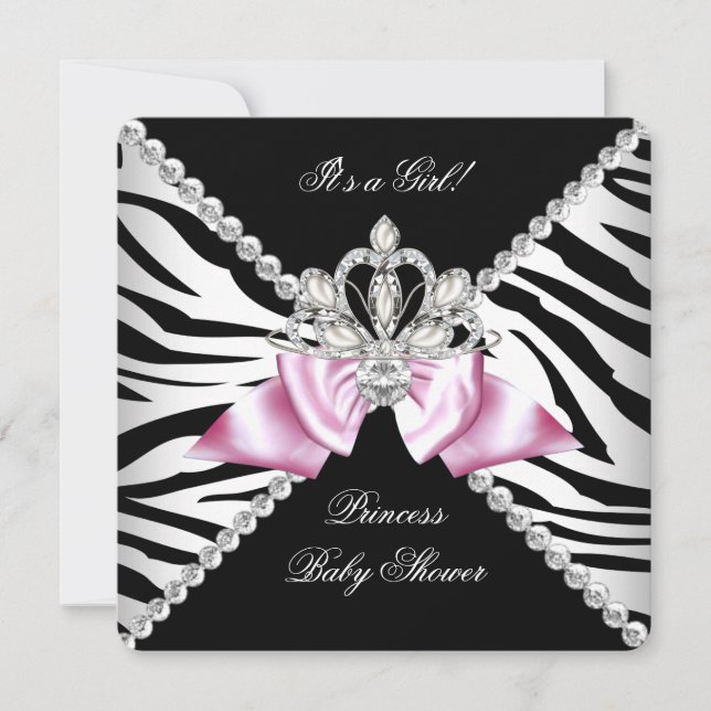 Svart Zebra Rosa Rosett Prinsessa Bebis Shower 3 Inbjudningar (Framsida)