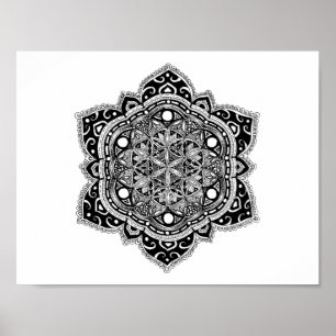Svart Zendala blomma av liv Poster