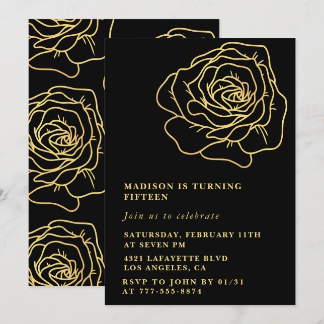 Svarta 15-års inbjudningskort Guld Blommig (Fram/baksida)
