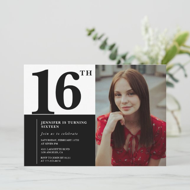 Svarta 16-års inbjudningskort Elegant Chic (Stående Fram)