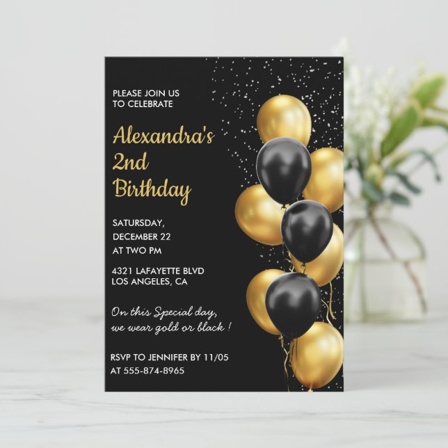 Svarta 2-års inbjudningar Guld Glitter Glam (Stående Fram)