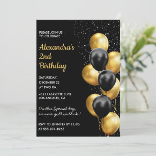 Svarta 2-års inbjudningar Guld Glitter Glam