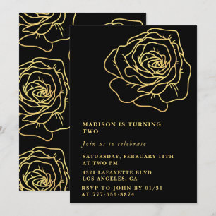 Svarta 2-års inbjudningskort Guld Blommig