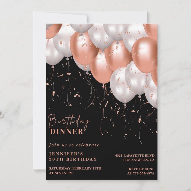 Svarta 30-års inbjudningskort Ballong Glam Rosa (Framsida)