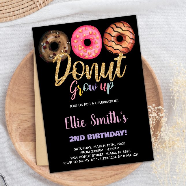 Svarta 3 inbjudningar på födelsedagen (Black 3 Donut Birthday Invitations)