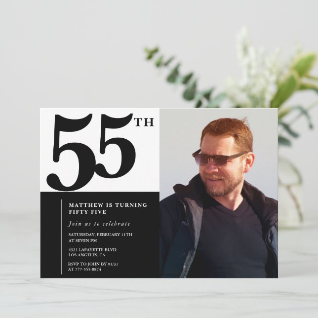 Svarta 55-års inbjudningskort Elegant Chic (Stående Fram)