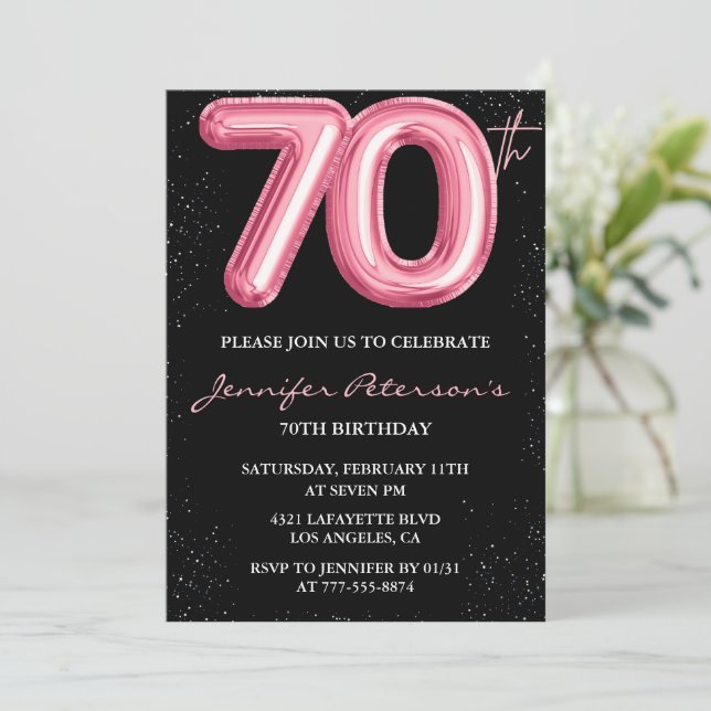 Svarta 70-års inbjudningar Ballong Glam Rosa (Stående Fram)
