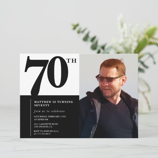 Svarta 70-års inbjudningskort Elegant Chic (Stående Fram)