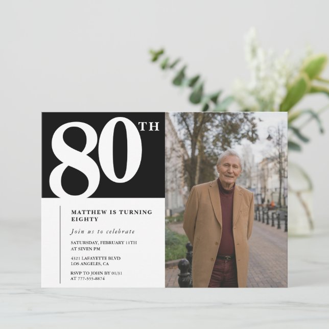 Svarta 80-års inbjudningar Modern Chic Foto (Stående Fram)