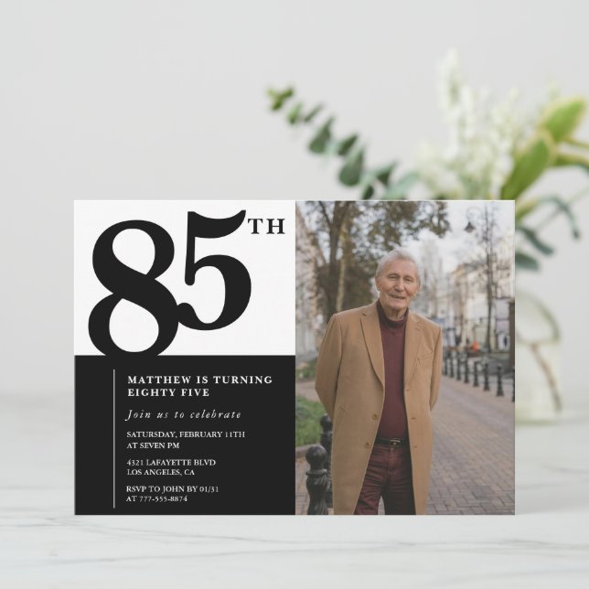 Svarta 85-års inbjudningskort Elegant Chic (Stående Fram)