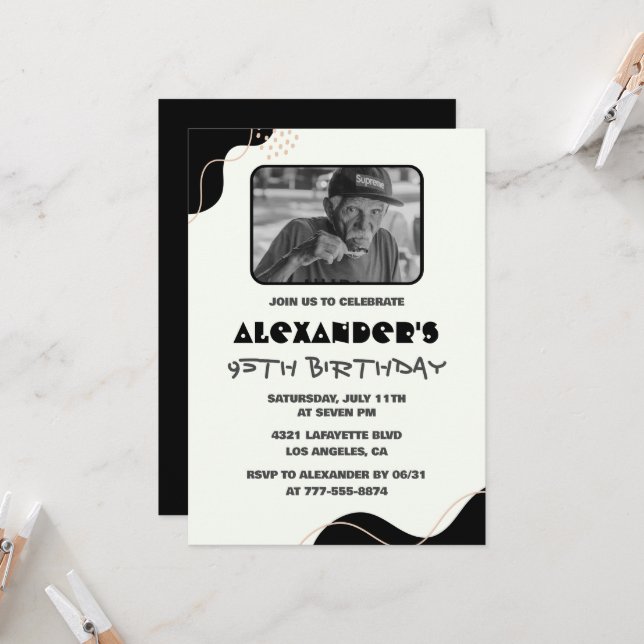 Svarta 95-årsinbjudningar Manar Simple Photo Inbjudningar (Fram/Back In Situ)