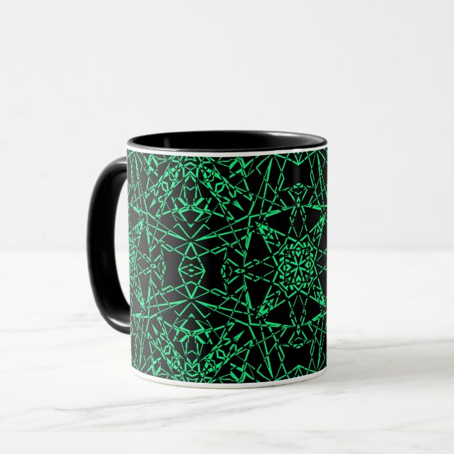 Svarta abstrakta moderna spindelnätlinjer neon grö mugg (Framsida vänster)