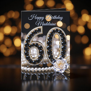 Svarta ädelstenar Vit ros och pärlor 60-årsdag Kort