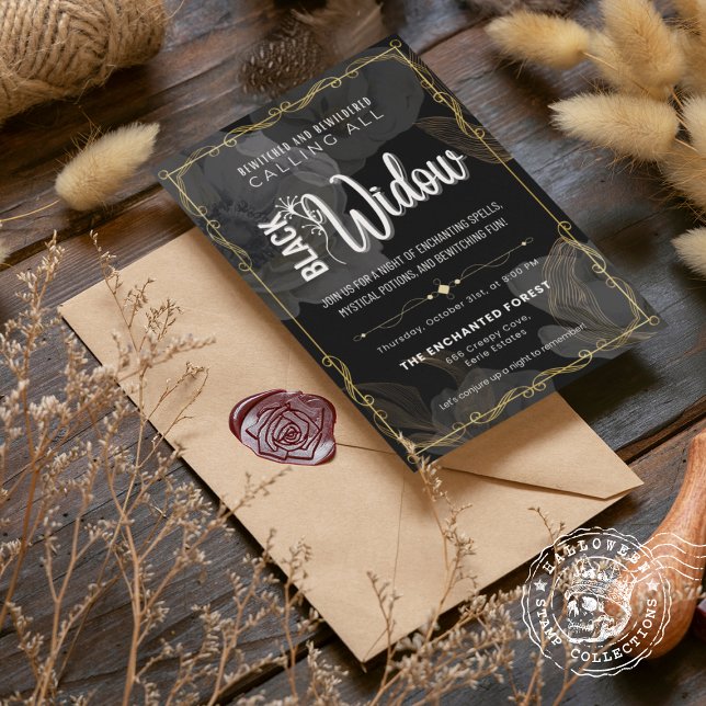 Svarta Änkan Förtrollad och Förvirrad Inbjudningar (Black Widow Bewitched and Bewildered Invitation cover from The Beekeeper Store)