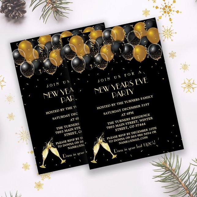 Svarta ballonger elegant Guld, nyår Party Inbjudningar (trendy gold black New Years eve party invite, gold black balloons new year party invitation)