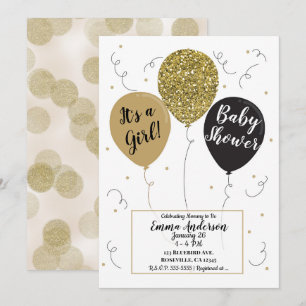 Svarta ballonger med guldglitter Flickor Baby Show Inbjudningar
