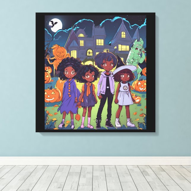 Svarta barn stumpar på en hemsökt stadsHalloween Canvastryck (Insitu (trägolv))